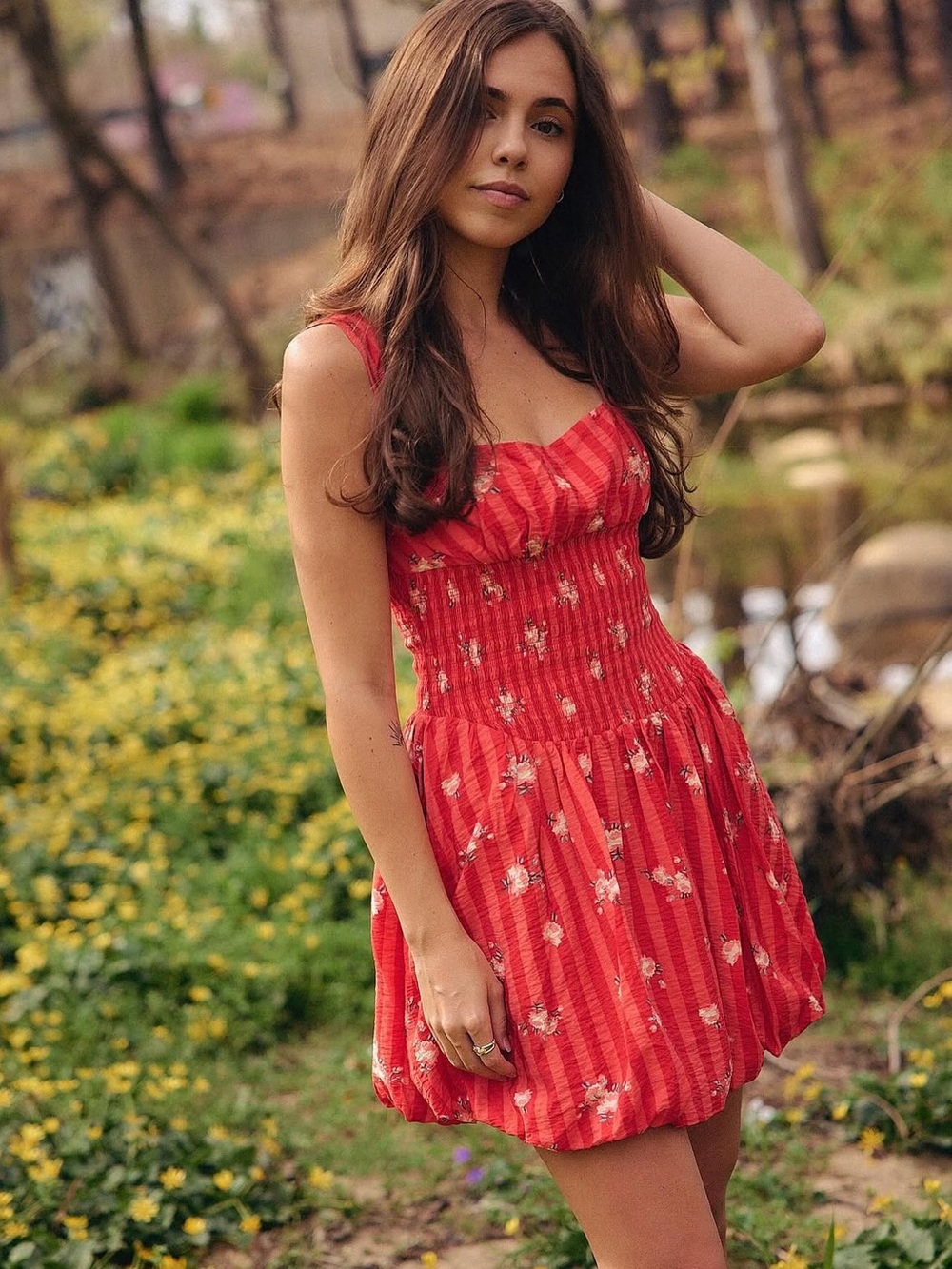 By Anthropologie Red Square Neck Smocked Floral Sleeveless Mini Dress Large
